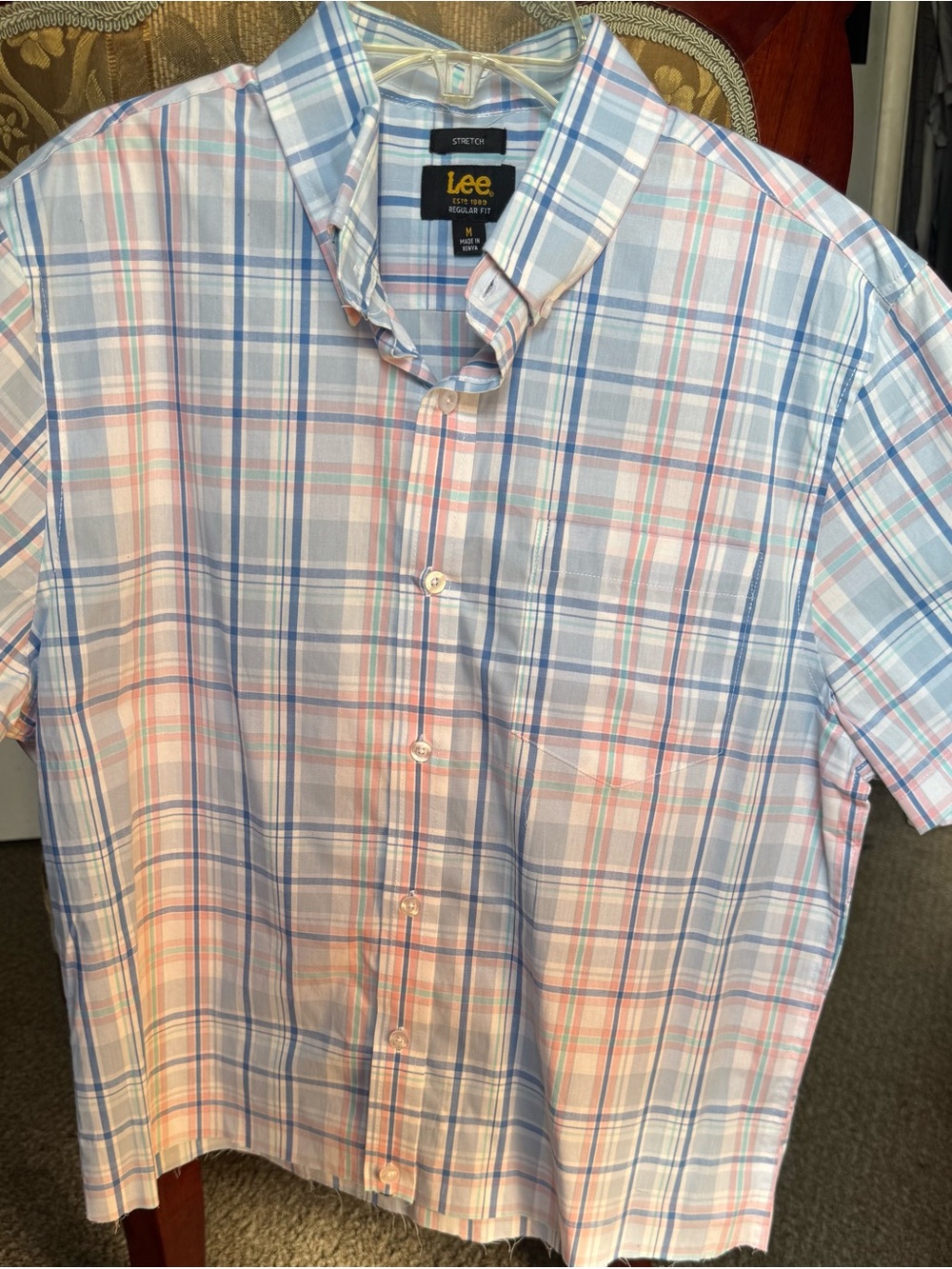 Lee Men’s Short Sleeve Plaid Button-Down Shirt - Light Blue & Pink